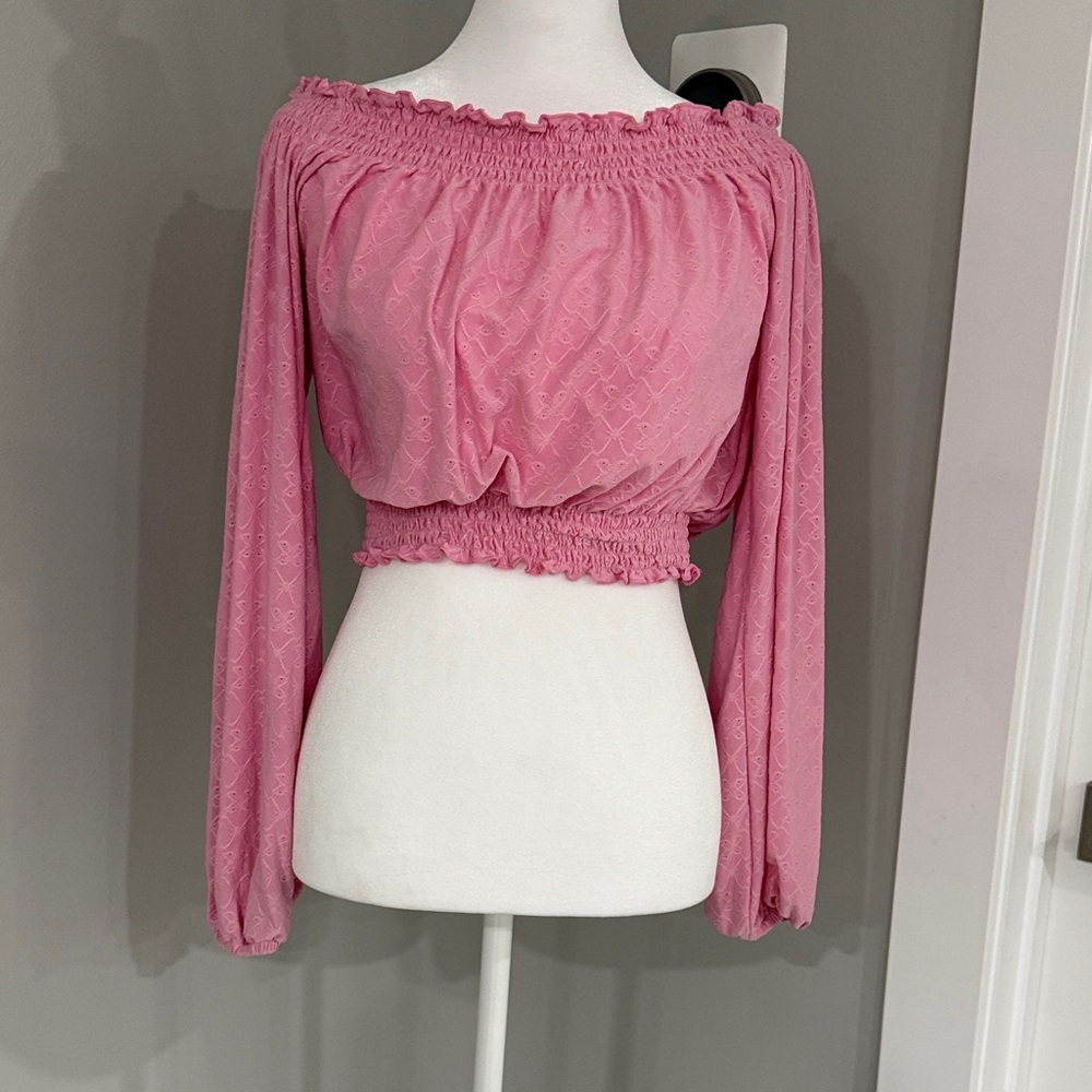 H&M Pink Smocked Off-Shoulder Blouse